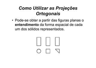 Como Utilizar as Projeções
          Ortogonais
• Pode-se obter a partir das figuras planas o
  entendimento da forma espacial de cada
                              p
  um dos sólidos representados.
 