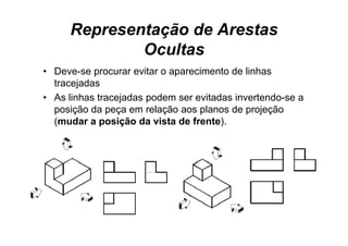 Representação de Arestas
             Ocultas
• Deve-se procurar evitar o aparecimento de linhas
  tracejadas
• A li h t
  As linhas tracejadas podem ser evitadas i
                 j d     d          it d invertendo-se a
                                               t d
  posição da peça em relação aos planos de projeção
  (mudar a posição da vista de frente).
                                 frente)
 
