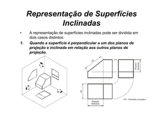 Representação de Superfícies
             Inclinadas
•    A representação d superfícies i li d pode ser di idid em
                   ã de      fí i inclinadas d       dividida
     dois casos distintos:
1.   Q
     Quando a superfície é perpendicular a um dos planos de
                   p       p p                     p
     projeção e inclinada em relação aos outros planos de
     projeção.
 