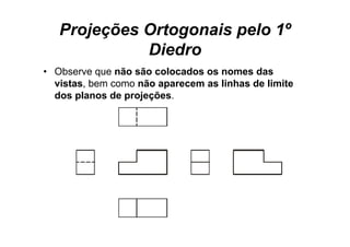 Projeções Ortogonais pelo 1º
             Diedro
• Observe que não são colocados os nomes das
  vistas, bem como não aparecem as linhas de limite
  dos planos de projeções.
                projeções
 