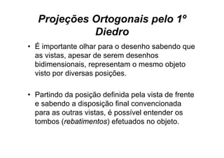 Projeções Ortogonais pelo 1º
             Diedro
• É importante olhar para o desenho sabendo que
  as vistas, apesar de serem desenhos
  bidimensionais, representam o mesmo objeto
  visto por diversas posições.

• Partindo da posição definida pela vista de frente
  e sabendo a disposição final convencionada
  para as outras vistas, é possível entender os
  tombos (rebatimentos) efetuados no objeto.
 
