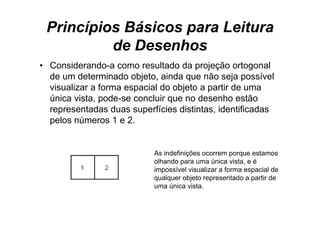 Princípios Básicos para Leitura
          de Desenhos
• Considerando-a como resultado da projeção ortogonal
  de um determinado objeto, ainda que não seja possível
  visualizar a forma espacial do objeto a partir de uma
  única vista, pode-se concluir que no desenho estão
  representadas duas superfícies distintas, identificadas
    p                    p                 ,
  pelos números 1 e 2.


                           As indefinições ocorrem porque estamos
                           olhando para uma única vista, e é
                                    p                    ,
                           impossível visualizar a forma espacial de
                           qualquer objeto representado a partir de
                           uma única vista.
 