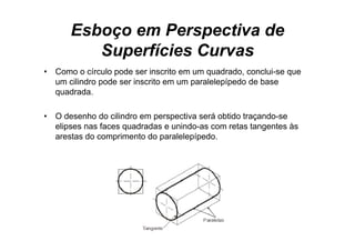 Esboço em Perspectiva de
          Superfícies Curvas
•   Como o círculo pode ser i
    C         í l     d      inscrito em um quadrado, conclui-se que
                                   i            d d        l i
    um cilindro pode ser inscrito em um paralelepípedo de base
    quadrada.

•   O desenho do cilindro em perspectiva será obtido traçando-se
    elipses nas faces quadradas e unindo as com retas tangentes às
                                  unindo-as
    arestas do comprimento do paralelepípedo.
 