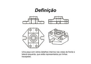 Definição




Uma peça com vários detalhes internos nas vistas de frente e
lateral
l t l esquerda, que estão representados por li h
            d         tã           t d       linhas
tracejadas.
 