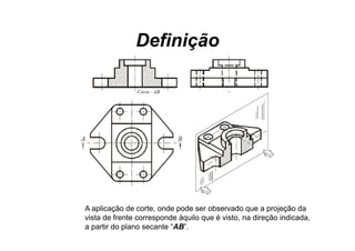 Definição




A aplicação de corte, onde pode ser observado que a projeção da
vista de frente corresponde àquilo que é visto, na direção indicada,
a partir do plano secante “AB”.
 