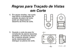 Regras para Traçado de Vistas
            em Corte
4.
4 Em peças simples nas quais
              simples,
   seja óbvio a localização da
   posição do plano de corte,
   p
   pode ser dispensado o
                p
   desenho da linha de corte.




5.
5 Quando o corte da peça for
   constituído de planos secantes
   paralelos, as hachuras devem
   ter a mesma direção, porém,
   serão d l
       ã deslocadas para
                  d
   distinguir os planos de corte.
 