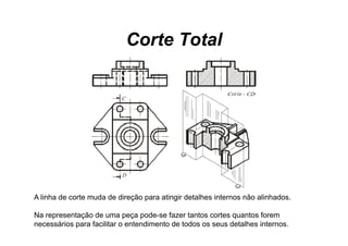 Corte Total




A linha de corte muda de direção para atingir detalhes internos não alinhados.

Na representação de uma peça pode-se fazer tantos cortes quantos forem
necessários para facilitar o entendimento de todos os seus detalhes internos.
 