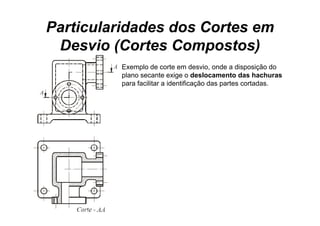 Particularidades dos Cortes em
 Desvio (Cortes Compostos)
         Exemplo de corte em desvio, onde a disposição do
         plano secante exige o deslocamento das hachuras
         para facilitar a identificação das partes cortadas.
 