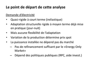 Le point de départ de cette analyse
Demande d’électricité
• Quasi-rigide à court terme (inélastique)
• Adaptation structurelle rigide à moyen terme déjà mise
en pratique (jour-nuit)
• Mais aucune flexibilité de l’adaptation
• Variation de la production détermine prix spot
• La puissance installée ne dépend pas du marché
– Pas de refinancement suffisant par le «Energy Only
Market»
– Dépend des politiques publiques (RPC, aide invest.)
 