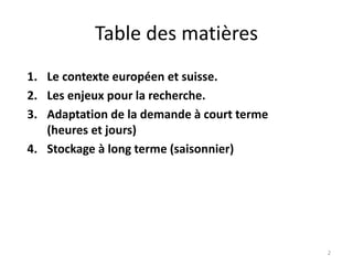 Table des matières
1. Le contexte européen et suisse.
2. Les enjeux pour la recherche.
3. Adaptation de la demande à court terme
(heures et jours)
4. Stockage à long terme (saisonnier)
2
 