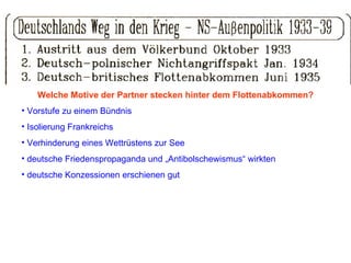 Welche Motive der Partner stecken hinter dem Flottenabkommen? Vorstufe zu einem Bündnis Isolierung Frankreichs Verhinderung eines Wettrüstens zur See deutsche Friedenspropaganda und „Antibolschewismus“ wirkten deutsche Konzessionen erschienen gut 