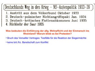 Was bedeuten die Einführung der allg. Wehrpflicht und der Einmarsch ins Rheinland? Warum blieb es bei Protesten? Bruch des Versailler Vertrages: Testfälle für die Reaktion der Siegermächte keine brit./frz. Bereitschaft zum Konflikt 