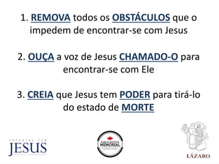 1. REMOVA todos os OBSTÁCULOS que o
impedem de encontrar-se com Jesus
2. OUÇA a voz de Jesus CHAMADO-O para
encontrar-se com Ele
3. CREIA que Jesus tem PODER para tirá-lo
do estado de MORTE
 