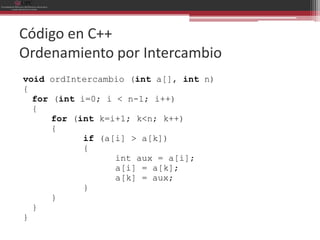 Código en C++
Ordenamiento por Intercambio
void ordIntercambio (int a[], int n)
{
  for (int i=0; i < n-1; i++)
  {
      for (int k=i+1; k<n; k++)
      {
            if (a[i] > a[k])
            {
                  int aux = a[i];
                  a[i] = a[k];
                  a[k] = aux;
            }
      }
  }
}
 