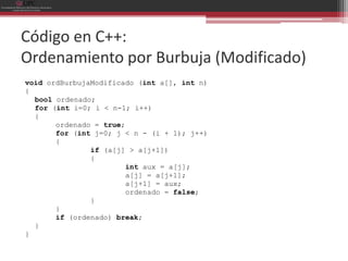 Código en C++:
Ordenamiento por Burbuja (Modificado)
void ordBurbujaModificado (int a[], int n)
{
  bool ordenado;
  for (int i=0; i < n-1; i++)
  {
       ordenado = true;
       for (int j=0; j < n - (i + 1); j++)
       {
               if (a[j] > a[j+1])
               {
                        int aux = a[j];
                        a[j] = a[j+1];
                        a[j+1] = aux;
                        ordenado = false;
               }
       }
       if (ordenado) break;
  }
}
 