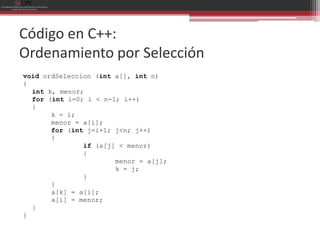 Código en C++:
Ordenamiento por Selección
void ordSeleccion (int a[], int n)
{
  int k, menor;
  for (int i=0; i < n-1; i++)
  {
       k = i;
       menor = a[i];
       for (int j=i+1; j<n; j++)
       {
               if (a[j] < menor)
               {
                       menor = a[j];
                       k = j;
               }
       }
       a[k] = a[i];
       a[i] = menor;
  }
}
 