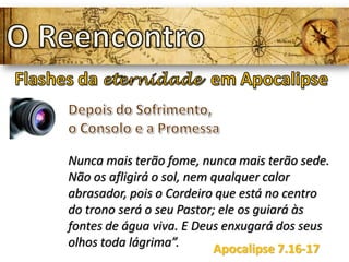 Nunca mais terão fome, nunca mais terão sede.
Não os afligirá o sol, nem qualquer calor
abrasador, pois o Cordeiro que está no centro
do trono será o seu Pastor; ele os guiará às
fontes de água viva. E Deus enxugará dos seus
olhos toda lágrima”. Apocalipse 7.16-17
 