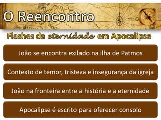 João se encontra exilado na ilha de Patmos
Contexto de temor, tristeza e insegurança da igreja
João na fronteira entre a história e a eternidade
Apocalipse é escrito para oferecer consolo
 