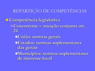 Competência legislativa Concorrente – atuação conjunta art. 24 União: normas gerais Estados: normas suplementares das gerais Municípios: normas suplementares de interesse local REPARTIÇÃO DE COMPETÊNCIAS 
