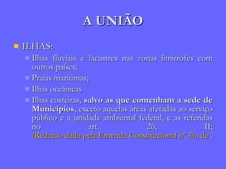 A UNIÃO ILHAS: Ilhas fluviais e lacustres nas zonas limítrofes com outros países;  Praias marítimas;  Ilhas oceânicas  Ilhas costeiras,  salvo   as que contenham a sede de Municípios , exceto aquelas áreas afetadas ao serviço público e a unidade ambiental federal, e as referidas no art. 26, II; (Redação dada pela Emenda Constitucional nº 46, de 2005) 