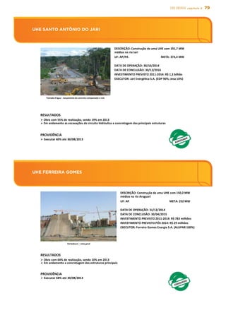 79EIXO energia capítulo 5
UHE FERREIRA GOMES
UHE SANTO ANTÔNIO DO JARI
UHE	
  SANTO	
  ANTÔNIO	
  DO	
  JARI	
  
DESCRIÇÃO:	
  Construção	
  de	
  uma	
  UHE	
  com	
  191,7	
  MW	
  
médios	
  no	
  rio	
  Jari	
  
UF:	
  AP/PA	
   META:	
  373,4	
  MW	
  
DATA	
  DE	
  OPERAÇÃO:	
  30/10/2014	
  
DATA	
  DE	
  CONCLUSÃO:	
  30/12/2016	
  
INVESTIMENTO	
  PREVISTO	
  2011-­‐2014:	
  R$	
  1,3	
  bilhão	
  
EXECUTOR:	
  Jari	
  Energésca	
  S.A.	
  (EDP	
  90%;	
  Jesa	
  10%)	
  
RESULTADOS	
  
Ø 	
  Obra	
  com	
  55%	
  de	
  realização,	
  sendo	
  19%	
  em	
  2013	
  
Ø Em	
  andamento	
  as	
  escavações	
  do	
  circuito	
  hidráulico	
  e	
  concretagem	
  das	
  principais	
  estruturas	
  
PROVIDÊNCIA	
  
Ø 	
  Executar	
  60%	
  até	
  30/08/2013	
  
Tomada	
  d’água	
  –	
  lançamento	
  do	
  concreto	
  compactado	
  a	
  rolo	
  
UHE	
  FERREIRA	
  GOMES	
  
DESCRIÇÃO:	
  Construção	
  de	
  uma	
  UHE	
  com	
  150,2	
  MW	
  
médios	
  no	
  rio	
  Araguari	
  
UF:	
  AP	
   META:	
  252	
  MW	
  
DATA	
  DE	
  OPERAÇÃO:	
  31/12/2014	
  
DATA	
  DE	
  CONCLUSÃO:	
  30/04/2015	
  
INVESTIMENTO	
  PREVISTO	
  2011-­‐2014:	
  R$	
  783	
  milhões	
  
INVESTIMENTO	
  PREVISTO	
  PÓS	
  2014:	
  R$	
  29	
  milhões	
  
EXECUTOR:	
  Ferreira	
  Gomes	
  Energia	
  S.A.	
  (ALUPAR	
  100%)	
  
RESULTADOS	
  
Ø 	
  Obra	
  com	
  64%	
  de	
  realização,	
  sendo	
  10%	
  em	
  2013	
  
Ø 	
  Em	
  andamento	
  a	
  concretagem	
  das	
  estruturas	
  principais	
  	
  
PROVIDÊNCIA	
  
Ø 	
  Executar	
  68%	
  até	
  30/08/2013	
  
Vertedouro	
  –	
  vista	
  geral	
  
 