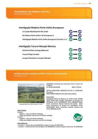 85EIXO energia capítulo 5
INTERLIGAÇÃO MADEIRA-PORTO VELHO-ARARAQUARA
Circuitos 1 e 2
TRANSMISSÃO DE ENERGIA ELÉTRICA
Ações Significativas
Interligação	
  Madeira-­‐Porto	
  Velho-­‐Araraquara	
  
LT	
  Cuiabá-­‐Ribeirãozinho-­‐Rio	
  Verde	
  
SE	
  Coletora	
  Porto	
  Velho	
  e	
  SE	
  Araraquara	
  II	
  
Interligação	
  Madeira-­‐Porto	
  Velho-­‐Araraquara	
  Circuitos	
  1	
  e	
  2	
  
	
  
Interligação	
  Tucuruí-­‐Macapá-­‐Manaus	
  
Oriximiná-­‐Silves-­‐Lechuga	
  (Manaus)	
  
Tucuruí-­‐Xingu-­‐Jurupari	
  	
  
Jurupari-­‐Oriximiná	
  e	
  Jurupari-­‐Macapá	
  
	
  
	
  
TRANSMISSÃO	
  DE	
  ENERGIA	
  ELÉTRICA	
  
Ações	
  Signiﬁcasvas	
  
Primeiras	
  torres	
  do	
  Circuito	
  2	
  
RESULTADOS	
  	
  
Circuito	
  1	
  
Ø Bipolo	
  1	
  –	
  obras	
  com	
  98%	
  de	
  realização	
  
Ø Obras	
  das	
  estações	
  conversoras	
  com	
  100%	
  de	
  realização	
  
Circuito	
  2	
  
Ø Bipolo	
  2	
  –	
  obras	
  com	
  53%	
  de	
  realização	
  
Ø Obras	
  das	
  estações	
  conversoras	
  com	
  61%	
  de	
  realização	
  
PROVIDÊNCIAS	
  
Ø Circuito	
  1	
  –	
  concluir	
  obras	
  até	
  30/06/2013	
  e	
  realizar	
  os	
  testes	
  até	
  30/07/2013	
  
Ø Circuito	
  2	
  –	
  realizar	
  61%	
  das	
  obras	
  do	
  Bipolo	
  2	
  até	
  30/08/2013	
  e	
  concluir	
  estações	
  conversoras	
  	
  até	
  30/09/2013	
  
DESCRIÇÃO:	
  Construção	
  das	
  conversoras	
  CA-­‐CC	
  e	
  CC-­‐CA	
  e	
  da	
  
LT	
  600	
  kV	
  	
  
UF:	
  RO/MT/GO/SP/MG 	
  	
  	
  	
  	
  	
  	
  	
   	
  	
  	
  	
  	
  	
  	
  	
  	
  	
  	
  	
  	
  	
  META:	
  4.750	
  km	
  
	
  
DATA	
  DE	
  CONCLUSÃO:	
  30/06/2013	
  (Circuito	
  1)	
  e	
  26/04/2014	
  
(Circuito	
  2)	
  	
  
INVESTIMENTO	
  PREVISTO	
  2011-­‐2014:	
  R$	
  6,5	
  bilhões	
  
	
  
EXECUTORES:	
  	
  
Interligação	
   Elétrica	
   do	
   Madeira	
   S.A.	
   (CHESF	
   24,5%;	
   FURNAS	
  
24,5%;	
   CTEEP	
   51%);	
   Estação	
   Transmissora	
   de	
   Energia	
   S.A.	
  
(ELETROSUL	
   24,5%;	
   ELETRONORTE	
   24,5%;	
   ABENGOA	
   BRASIL	
  
25,5%;	
   Construtora	
   Andrade	
   Guserrez	
   S/A	
   25,5%);	
   	
   Norte	
  
Brasil	
   Transmissora	
   de	
   Energia	
   S.A.	
   (ELETROSUL	
   24,5%;	
  
ELETRONORTE	
   24,5%;	
   Construtora	
   Andrade	
   Guserrez	
   S/A	
  
25,5%;	
  ABENGOA	
  25,5%)	
  
INTERLIGAÇÃO	
  MADEIRA-­‐PORTO	
  VELHO-­‐ARARAQUARA	
  
Circuitos	
  1	
  e	
  2	
  
Interligação	
  Madeira-­‐Porto	
  Velho-­‐Araraquara	
  –	
  Circuito	
  1	
  
 
