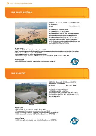 76 PAC 2 - 7º Balanço janeiro/abril/2013
UHE SIMPLÍCIO
UHE SANTO ANTÔNIO
UHE	
  SANTO	
  ANTÔNIO	
  
Vista	
  geral	
  
DESCRIÇÃO:	
  Construção	
  de	
  UHE	
  com	
  2.218	
  MW	
  médios	
  
no	
  rio	
  Madeira	
  	
  	
  	
  	
  	
  	
  	
  	
  	
  	
  	
  	
  	
  	
  	
  	
  	
  	
  	
  	
  	
  	
  	
  	
  	
  	
  	
  	
  	
  	
  	
  	
  	
  	
  	
  	
  	
  	
  	
  	
  	
  	
  	
  	
  	
  	
  	
  	
  	
  	
  	
  	
  	
  	
  	
  	
  	
  	
  	
  	
  
UF:	
  RO	
   META:	
  3.150,4	
  MW	
  
DATA	
  DE	
  OPERAÇÃO:	
  30/03/2012	
  
DATA	
  DE	
  CONCLUSÃO:	
  30/01/2016	
  
INVESTIMENTO	
  REALIZADO	
  2007-­‐2010:	
  R$	
  6,1	
  bilhões	
  
INVESTIMENTO	
  PREVISTO	
  2011-­‐2014:	
  R$	
  9	
  bilhões	
  
INVESTIMENTO	
  PREVISTO	
  PÓS	
  2014:	
  R$	
  925	
  milhões	
  
EXECUTOR:	
  SANTO	
  ANTÔNIO	
  ENERGIA	
  S.A	
  (CEMIG	
  
10%;	
  FURNAS	
  39%;	
  Construtora	
  Andrade	
  Guserrez	
  S/A	
  
12,4%;	
  ODEBRECHT	
  18,6%;	
  FIP	
  20%)	
  
RESULTADOS	
  
Ø Obra	
  com	
  86,3%	
  de	
  realização,	
  sendo	
  4,9%	
  em	
  2013	
  
Ø Em	
  andamento	
  a	
  concretagem	
  das	
  estruturas	
  principais	
  e	
  montagem	
  eletromecânica	
  das	
  turbinas	
  e	
  geradores	
  
Ø Início	
  da	
  operação	
  comercial	
  em	
  30/03/2012	
  
Ø Iniciada	
  a	
  operação	
  em	
  testes	
  da	
  Unidade	
  Geradora	
  14	
  
Ø Iniciada	
  a	
  operação	
  comercial	
  da	
  13ª	
  Unidade	
  Geradora	
  em	
  05/06/2013,	
  totalizando	
  908	
  MW	
  
Ø Iniciar	
  a	
  operação	
  comercial	
  de	
  6	
  Unidades	
  Geradoras	
  até	
  	
  30/08/2013	
  
PROVIDÊNCIA	
  
UHE	
  SIMPLÍCIO	
  
Visão	
  geral	
  	
  
DESCRIÇÃO:	
  	
  Construção	
  de	
  UHE	
  com	
  191,3	
  MW	
  
médios	
  no	
  rio	
  Paraíba	
  do	
  Sul	
  
UF:	
  MG/RJ	
   META:	
  333,7	
  MW	
  
DATA	
  DE	
  OPERAÇÃO:	
  05/06/2013	
  
DATA	
  DE	
  CONCLUSÃO:	
  31/08/2013	
  
INVESTIMENTO	
  REALIZADO	
  2007-­‐2010:	
  R$	
  2	
  bilhões	
  
INVESTIMENTO	
  PREVISTO	
  2011-­‐2014:	
  R$	
  278	
  milhões	
  
EXECUTOR:	
  FURNAS	
  
RESULTADOS	
  
Ø Obra	
  com	
  96,5%	
  de	
  realização,	
  sendo	
  2,7%	
  em	
  2013	
  
Ø Finalizado	
  o	
  enchimento	
  do	
  reservatório	
  em	
  março	
  de	
  2013	
  	
  
Ø Início	
  da	
  operação	
  comercial	
  da	
  1ª	
  	
  e	
  2ª	
  Unidades	
  Geradoras	
  em	
  05/06/2013	
  	
  
Ø Início	
  da	
  operação	
  comercial	
  da	
  3ª	
  Unidade	
  Geradora	
  em	
  07/06/2013	
  
PROVIDÊNCIA	
  
Ø Iniciar	
  operação	
  comercial	
  das	
  duas	
  Unidades	
  Geradoras	
  até	
  30/08/2013	
  
 