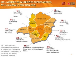 MG : NÚMERO DE MUNICÍPIOS EXPORTADORES,  2011 (JAN-MAI)  /  2010 (JAN-DEZ) ESTREANTES: Ibiá. ESTREANTES: Caetanópolis;Tiradentes. ESTREANTES:  Não houve.  ESTREANTES: Leopoldina; Astolfo Dutra; Além Paraíba. ESTREANTES:  Não houve. ESTREANTES:  Olhos D'Água. ESTREANTES: Tarumirim. ESTREANTES: Carmo do Rio Claro; Monte Santo de Minas; Sapucaí-Mirim. ESTREANTES:  Não houve. 10 (11) 11 (15) 14 (15) 6 (7) 56 (67) 58 (60) 12 (16) 19 (24) 29 (29) 11 (14) ESTREANTES: Perdigão; Perdões . Obs.: No mapa acima, apresenta-se o número de municípios exportadores de Jan-Mai/2011 (vermelho) e de Jan-Dez de 2010 (entre parênteses em cinza). 