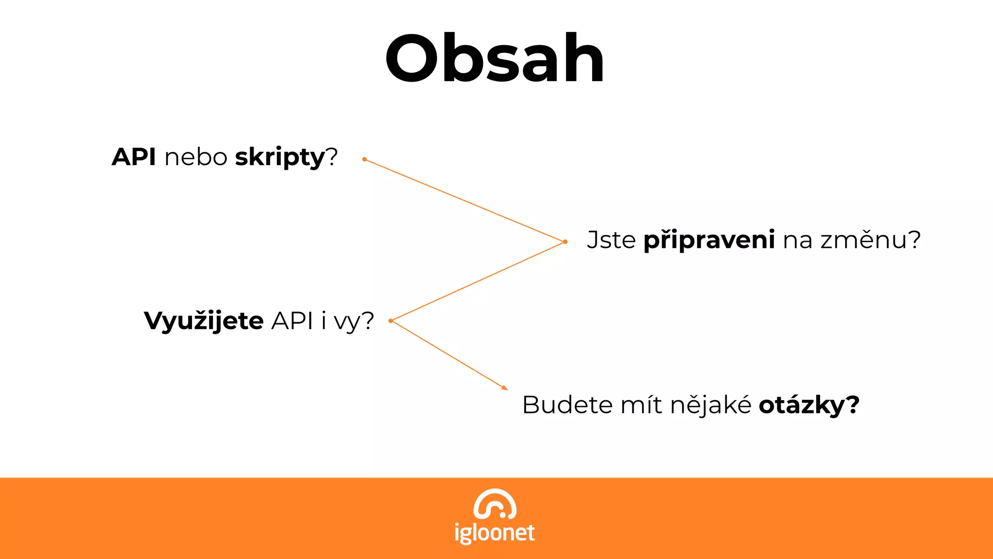 API nebo skripty?
Obsah
Jste připraveni na změnu?
Využijete API i vy?
Budete mít nějaké otázky?
 