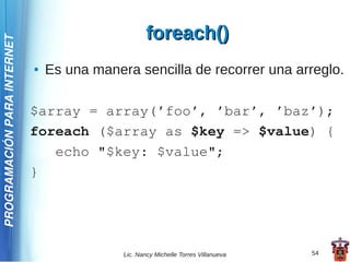 foreach()
PROGRAMACIÓN PARA INTERNET




                             ●   Es una manera sencilla de recorrer una arreglo.

                             $array = array(’foo’, ’bar’, ’baz’);
                             foreach ($array as $key => $value) {
                                echo "$key: $value";
                             }




                                             Lic. Nancy Michelle Torres Villanueva   54
 