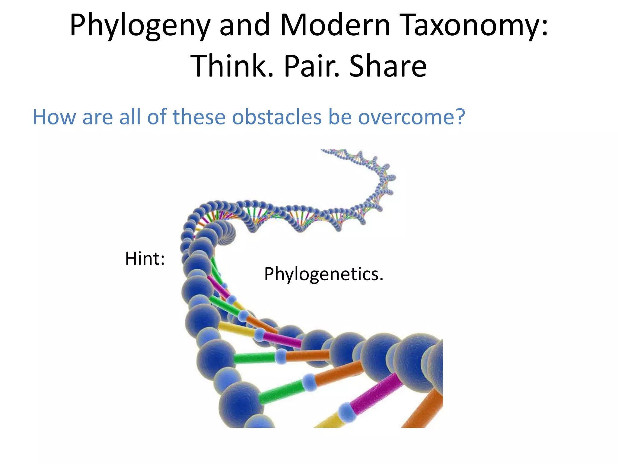 Phylogeny and Modern Taxonomy:
Think. Pair. Share
How are all of these obstacles be overcome?
Hint:
Phylogenetics.
 