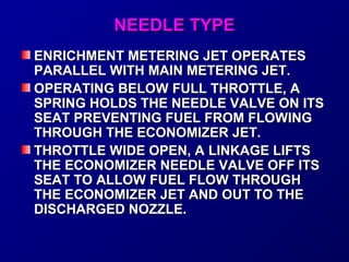 NNEEEEDDLLEE TTYYPPEE 
EENNRRIICCHHMMEENNTT MMEETTEERRIINNGG JJEETT OOPPEERRAATTEESS 
PPAARRAALLLLEELL WWIITTHH MMAAIINN MMEETTEERRIINNGG JJEETT.. 
OOPPEERRAATTIINNGG BBEELLOOWW FFUULLLL TTHHRROOTTTTLLEE,, AA 
SSPPRRIINNGG HHOOLLDDSS TTHHEE NNEEEEDDLLEE VVAALLVVEE OONN IITTSS 
SSEEAATT PPRREEVVEENNTTIINNGG FFUUEELL FFRROOMM FFLLOOWWIINNGG 
TTHHRROOUUGGHH TTHHEE EECCOONNOOMMIIZZEERR JJEETT.. 
TTHHRROOTTTTLLEE WWIIDDEE OOPPEENN,, AA LLIINNKKAAGGEE LLIIFFTTSS 
TTHHEE EECCOONNOOMMIIZZEERR NNEEEEDDLLEE VVAALLVVEE OOFFFF IITTSS 
SSEEAATT TTOO AALLLLOOWW FFUUEELL FFLLOOWW TTHHRROOUUGGHH 
TTHHEE EECCOONNOOMMIIZZEERR JJEETT AANNDD OOUUTT TTOO TTHHEE 
DDIISSCCHHAARRGGEEDD NNOOZZZZLLEE.. 
 