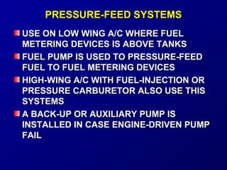 PPRREESSSSUURREE--FFEEEEDD SSYYSSTTEEMMSS 
UUSSEE OONN LLOOWW WWIINNGG AA//CC WWHHEERREE FFUUEELL 
MMEETTEERRIINNGG DDEEVVIICCEESS IISS AABBOOVVEE TTAANNKKSS 
FFUUEELL PPUUMMPP IISS UUSSEEDD TTOO PPRREESSSSUURREE--FFEEEEDD 
FFUUEELL TTOO FFUUEELL MMEETTEERRIINNGG DDEEVVIICCEESS 
HHIIGGHH--WWIINNGG AA//CC WWIITTHH FFUUEELL--IINNJJEECCTTIIOONN OORR 
PPRREESSSSUURREE CCAARRBBUURREETTOORR AALLSSOO UUSSEE TTHHIISS 
SSYYSSTTEEMMSS 
AA BBAACCKK--UUPP OORR AAUUXXIILLIIAARRYY PPUUMMPP IISS 
IINNSSTTAALLLLEEDD IINN CCAASSEE EENNGGIINNEE--DDRRIIVVEENN PPUUMMPP 
FFAAIILL 
 