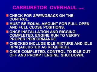 CCAARRBBUURREETTOORR OOVVEERRHHAAUULL ccoonntt.. 
CCHHEECCKK FFOORR SSPPRRIINNGGBBAACCKK OONN TTHHEE 
CCOONNTTRROOLL.. 
MMUUSSTT BBEE EEQQUUAALL AAMMOOUUNNTT FFOORR FFUULLLL OOPPEENN 
AANNDD FFUULLLL CCLLOOSSEE PPOOSSIITTIIOONNSS.. 
OONNCCEE IINNSSTTAALLLLAATTIIOONN AANNDD RRIIGGGGIINNGG 
CCOOMMPPLLEETTEEDD,, EENNGGIINNEE RRUUNN TTOO VVEERRIIFFYY 
PPRROOPPEERR PPEERRFFOORRMMAANNCCEE.. 
CCHHEECCKKEEDD IINNCCLLUUDDEE IIDDLLEE MMIIXXTTUURREE AANNDD IIDDLLEE 
RRPPMM ((AADDJJUUSSTTEEDD AASS RREEQQUUIIRREEDD)).. 
OONNCCEE CCOOMMPPLLEETTEEDD,, CCOONNTTRROOLL TTOO IIDDLLEE--CCUUTT 
OOFFFF AANNDD PPRROOMMPPTT EENNGGIINNEE SSHHUUTTDDOOWWNN.. 
 