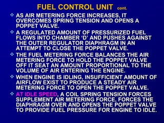 FFUUEELL CCOONNTTRROOLL UUNNIITT ccoonntt.. 
 AS AIR METERING FFOORRCCEE IINNCCRREEAASSEESS,, IITT 
OOVVEERRCCOOMMEESS SSPPRRIINNGG TTEENNSSIIOONN AANNDD OOPPEENNSS AA 
PPOOPPPPEETT VVAALLVVEE.. 
 AA RREEGGUULLAATTEEDD AAMMOOUUNNTT OOFF PPRREESSSSUURRIIZZEEDD FFUUEELL 
FFLLOOWWSS IINNTTOO CCHHAAMMBBEERR ‘‘DD’’ AANNDD PPUUSSHHEESS AAGGAAIINNSSTT 
TTHHEE OOUUTTEERR RREEGGUULLAATTOORR DDIIAAPPHHRRAAGGMM IINN AANN 
AATTTTEEMMPPTT TTOO CCLLOOSSEE TTHHEE PPOOPPPPEETT VVAALLVVEE.. 
 TTHHEE FFUUEELL MMEETTEERRIINNGG FFOORRCCEE BBAALLAANNCCEESS TTHHEE AAIIRR 
MMEETTEERRIINNGG FFOORRCCEE TTOO HHOOLLDD TTHHEE PPOOPPPPEETT VVAALLVVEE 
OOFFFF IITT SSEEAATT AANN AAMMOOUUNNTT PPRROOPPOORRTTIIOONNAALL TTOO TTHHEE 
VVOOLLUUMMEE OOFF AAIIRR EENNTTEERRIINNGG TTHHEE EENNGGIINNEE.. 
 WWHHEENN EENNGGIINNEE IISS IIDDLLIINNGG,, IINNSSUUFFFFIICCIIEENNTT AAMMOOUUNNTT OOFF 
AAIIRRFFLLOOWW EEXXIISSTT TTOO PPRROODDUUCCEE AA SSTTEEAADDYY AAIIRR 
MMEETTEERRIINNGG FFOORRCCEE TTOO OOPPEENN TTHHEE PPOOPPPPEETT VVAALLVVEE.. 
 AATT IIDDLLEE SSPPEEEEDD,, AA CCOOIILL SSPPRRIINNGG TTEENNSSIIOONN FFOORRCCEESS 
SSUUPPPPLLEEMMEENNTT AAIIRR MMEETTEERRIINNGG FFOORRCCEE,, FFOORRCCEESS TTHHEE 
DDIIAAPPHHRRAAGGMM OOVVEERR AANNDD OOPPEENNSS TTHHEE PPOOPPPPEETT VVAALLVVEE 
TTOO PPRROOVVIIDDEE FFUUEELL PPRREESSSSUURREE FFOORR EENNGGIINNEE TTOO IIDDLLEE.. 
 