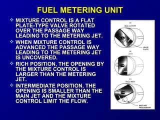 FFUUEELL MMEETTEERRIINNGG UUNNIITT 
 MMIIXXTTUURREE CCOONNTTRROOLL IISS AA FFLLAATT 
PPLLAATTEE--TTYYPPEE VVAALLVVEE RROOTTAATTEEDD 
OOVVEERR TTHHEE PPAASSSSAAGGEE WWAAYY 
LLEEAADDIINNGG TTOO TTHHEE MMEETTEERRIINNGG JJEETT.. 
 WWHHEENN MMIIXXTTUURREE CCOONNTTRROOLL IISS 
AADDVVAANNCCEEDD TTHHEE PPAASSSSAAGGEE WWAAYY 
LLEEAADDIINNGG TTOO TTHHEE MMEETTEERRIINNGG JJEETT 
IISS UUNNCCOOVVEERREEDD.. 
 RRIICCHH PPOOSSIITTIIOONN,, TTHHEE OOPPEENNIINNGG BBYY 
TTHHEE MMIIXXTTUURREE CCOONNTTRROOLL IISS 
LLAARRGGEERR TTHHAANN TTHHEE MMEETTEERRIINNGG 
JJEETT.. 
 IINNTTEERRMMEEDDIIAATTEE PPOOSSIITTIIOONN,, TTHHEE 
OOPPEENNIINNGG IISS SSMMAALLLLEERR TTHHAANN TTHHEE 
MMAAIINN JJEETT AANNDD TTHHEE MMIIXXTTUURREE 
CCOONNTTRROOLL LLIIMMIITT TTHHEE FFLLOOWW.. 
 