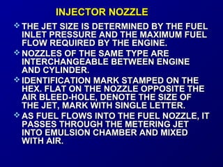 IINNJJEECCTTOORR NNOOZZZZLLEE 
THE JET SIZE IS DETERMINED BBYY TTHHEE FFUUEELL 
IINNLLEETT PPRREESSSSUURREE AANNDD TTHHEE MMAAXXIIMMUUMM FFUUEELL 
FFLLOOWW RREEQQUUIIRREEDD BBYY TTHHEE EENNGGIINNEE.. 
NNOOZZZZLLEESS OOFF TTHHEE SSAAMMEE TTYYPPEE AARREE 
IINNTTEERRCCHHAANNGGEEAABBLLEE BBEETTWWEEEENN EENNGGIINNEE 
AANNDD CCYYLLIINNDDEERR.. 
IIDDEENNTTIIFFIICCAATTIIOONN MMAARRKK SSTTAAMMPPEEDD OONN TTHHEE 
HHEEXX.. FFLLAATT OONN TTHHEE NNOOZZZZLLEE OOPPPPOOSSIITTEE TTHHEE 
AAIIRR BBLLEEEEDD--HHOOLLEE,, DDEENNOOTTEE TTHHEE SSIIZZEE OOFF 
TTHHEE JJEETT,, MMAARRKK WWIITTHH SSIINNGGLLEE LLEETTTTEERR.. 
AASS FFUUEELL FFLLOOWWSS IINNTTOO TTHHEE FFUUEELL NNOOZZZZLLEE,, IITT 
PPAASSSSEESS TTHHRROOUUGGHH TTHHEE MMEETTEERRIINNGG JJEETT 
IINNTTOO EEMMUULLSSIIOONN CCHHAAMMBBEERR AANNDD MMIIXXEEDD 
WWIITTHH AAIIRR.. 
 