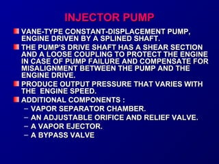 IINNJJEECCTTOORR PPUUMMPP 
VVAANNEE--TTYYPPEE CCOONNSSTTAANNTT--DDIISSPPLLAACCEEMMEENNTT PPUUMMPP,, 
EENNGGIINNEE DDRRIIVVEENN BBYY AA SSPPLLIINNEEDD SSHHAAFFTT.. 
TTHHEE PPUUMMPP''SS DDRRIIVVEE SSHHAAFFTT HHAASS AA SSHHEEAARR SSEECCTTIIOONN 
AANNDD AA LLOOOOSSEE CCOOUUPPLLIINNGG TTOO PPRROOTTEECCTT TTHHEE EENNGGIINNEE 
IINN CCAASSEE OOFF PPUUMMPP FFAAIILLUURREE AANNDD CCOOMMPPEENNSSAATTEE FFOORR 
MMIISSAALLIIGGNNMMEENNTT BBEETTWWEEEENN TTHHEE PPUUMMPP AANNDD TTHHEE 
EENNGGIINNEE DDRRIIVVEE.. 
PPRROODDUUCCEE OOUUTTPPUUTT PPRREESSSSUURREE TTHHAATT VVAARRIIEESS WWIITTHH 
TTHHEE EENNGGIINNEE SSPPEEEEDD.. 
AADDDDIITTIIOONNAALL CCOOMMPPOONNEENNTTSS :: 
– VVAAPPOORR SSEEPPAARRAATTOORR CCHHAAMMBBEERR.. 
– AANN AADDJJUUSSTTAABBLLEE OORRIIFFIICCEE AANNDD RREELLIIEEFF VVAALLVVEE.. 
– AA VVAAPPOORR EEJJEECCTTOORR.. 
– AA BBYYPPAASSSS VVAALLVVEE 
 