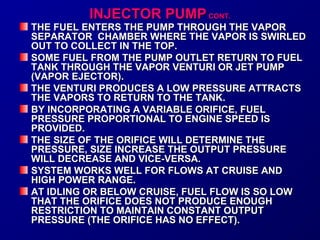 IINNJJEECCTTOORR PPUUMMPP CCOONNTT.. 
TTHHEE FFUUEELL EENNTTEERRSS TTHHEE PPUUMMPP TTHHRROOUUGGHH TTHHEE VVAAPPOORR 
SSEEPPAARRAATTOORR CCHHAAMMBBEERR WWHHEERREE TTHHEE VVAAPPOORR IISS SSWWIIRRLLEEDD 
OOUUTT TTOO CCOOLLLLEECCTT IINN TTHHEE TTOOPP.. 
SSOOMMEE FFUUEELL FFRROOMM TTHHEE PPUUMMPP OOUUTTLLEETT RREETTUURRNN TTOO FFUUEELL 
TTAANNKK TTHHRROOUUGGHH TTHHEE VVAAPPOORR VVEENNTTUURRII OORR JJEETT PPUUMMPP 
((VVAAPPOORR EEJJEECCTTOORR)).. 
TTHHEE VVEENNTTUURRII PPRROODDUUCCEESS AA LLOOWW PPRREESSSSUURREE AATTTTRRAACCTTSS 
TTHHEE VVAAPPOORRSS TTOO RREETTUURRNN TTOO TTHHEE TTAANNKK.. 
BBYY IINNCCOORRPPOORRAATTIINNGG AA VVAARRIIAABBLLEE OORRIIFFIICCEE,, FFUUEELL 
PPRREESSSSUURREE PPRROOPPOORRTTIIOONNAALL TTOO EENNGGIINNEE SSPPEEEEDD IISS 
PPRROOVVIIDDEEDD.. 
TTHHEE SSIIZZEE OOFF TTHHEE OORRIIFFIICCEE WWIILLLL DDEETTEERRMMIINNEE TTHHEE 
PPRREESSSSUURREE,, SSIIZZEE IINNCCRREEAASSEE TTHHEE OOUUTTPPUUTT PPRREESSSSUURREE 
WWIILLLL DDEECCRREEAASSEE AANNDD VVIICCEE--VVEERRSSAA.. 
SSYYSSTTEEMM WWOORRKKSS WWEELLLL FFOORR FFLLOOWWSS AATT CCRRUUIISSEE AANNDD 
HHIIGGHH PPOOWWEERR RRAANNGGEE.. 
AATT IIDDLLIINNGG OORR BBEELLOOWW CCRRUUIISSEE,, FFUUEELL FFLLOOWW IISS SSOO LLOOWW 
TTHHAATT TTHHEE OORRIIFFIICCEE DDOOEESS NNOOTT PPRROODDUUCCEE EENNOOUUGGHH 
RREESSTTRRIICCTTIIOONN TTOO MMAAIINNTTAAIINN CCOONNSSTTAANNTT OOUUTTPPUUTT 
PPRREESSSSUURREE ((TTHHEE OORRIIFFIICCEE HHAASS NNOO EEFFFFEECCTT)).. 
 