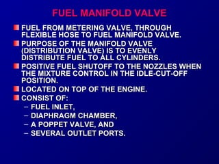 FFUUEELL MMAANNIIFFOOLLDD VVAALLVVEE 
FFUUEELL FFRROOMM MMEETTEERRIINNGG VVAALLVVEE,, TTHHRROOUUGGHH 
FFLLEEXXIIBBLLEE HHOOSSEE TTOO FFUUEELL MMAANNIIFFOOLLDD VVAALLVVEE.. 
PPUURRPPOOSSEE OOFF TTHHEE MMAANNIIFFOOLLDD VVAALLVVEE 
((DDIISSTTRRIIBBUUTTIIOONN VVAALLVVEE)) IISS TTOO EEVVEENNLLYY 
DDIISSTTRRIIBBUUTTEE FFUUEELL TTOO AALLLL CCYYLLIINNDDEERRSS.. 
PPOOSSIITTIIVVEE FFUUEELL SSHHUUTTOOFFFF TTOO TTHHEE NNOOZZZZLLEESS WWHHEENN 
TTHHEE MMIIXXTTUURREE CCOONNTTRROOLL IINN TTHHEE IIDDLLEE--CCUUTT--OOFFFF 
PPOOSSIITTIIOONN.. 
LLOOCCAATTEEDD OONN TTOOPP OOFF TTHHEE EENNGGIINNEE.. 
CCOONNSSIISSTT OOFF:: 
– FFUUEELL IINNLLEETT,, 
– DDIIAAPPHHRRAAGGMM CCHHAAMMBBEERR,, 
– AA PPOOPPPPEETT VVAALLVVEE,, AANNDD 
– SSEEVVEERRAALL OOUUTTLLEETT PPOORRTTSS.. 
 
