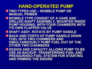 HHAANNDD--OOPPEERRAATTEEDD PPUUMMPP 
TTWWOO TTYYPPEESS UUSSEE –– WWOOBBBBLLEE PPUUMMPP OORR 
MMAANNUUAALL PPRRIIMMEERR 
WWOOBBBBLLEE TTYYPPEE CCOONNSSIISSTT OOFF AA VVAANNEE AANNDD 
DDRRIILLLLEEDD SSHHAAFFTT AASSSSEEMMBBLLYY,, MMOOUUNNTTEEDD IINNSSIIDDEE 
PPUUMMPP HHOOUUSSIINNGG,, WWIITTHH FFOOUURR CCHHAAMMBBEERRSS WWIITTHH 
IITTSS OOWWNN FFLLAAPPPPEERR VVAALLVVEE 
SSHHAAFFTT AASSSSYY.. RROOTTAATTEE BBYY PPUUMMPP HHAANNDDLLEE 
BBAACCKK AANNDD FFOORRTTHH OOFF PPUUMMPP HHAANNDDLLEE DDRRAAWW 
FFUUEELL IINNTTOO TTWWOO CCHHAAMMBBEERRSS AANNDD 
SSIIMMUULLTTAANNEEOOUUSSLLYY PPUUMMPP FFUUEELL OOUUTT OOFF TTHHEE 
OOTTHHEERR TTWWOO CCHHAAMMBBEERRSS 
DDEESSIIGGNN AANNDD CCAAPPAACCIITTYY AALLLLOOWWSS PPUUMMPP TTOO BBEE 
UUSSEE AASS BBAACCKKUUPP,, TTRRAANNSSFFEERRRRIINNGG FFUUEELL AANNDD 
PPRREESSSSUURRIISSEEDD FFUUEELL SSYYSSTTEEMM FFOORR SSTTAARRTTIINNGG 
AANNDD PPRRIIMMIINNGG TTHHEE EENNGGIINNEE 
 