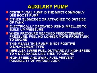 AAUUXXIILLAARRYY PPUUMMPP 
CENTRIFUGAL PPUUMMPP IISS TTHHEE MMOOSSTT CCOOMMMMOONNLLYY 
UUSSEE BBOOOOSSTT PPUUMMPP 
EEIITTHHEERR SSUUBBMMEERRGGEE OORR AATTTTAACCHHEEDD TTOO OOUUTTSSIIDDEE 
OOFF TTAANNKK 
EELLEECCTTRRIICCAALLLLYY OOPPEERRAATTEEDD UUSSIINNGG IIMMPPEELLLLEERR TTOO 
BBUUIILLDD UUPP PPRREESSSSUURREE 
WWHHEENN PPRREESSSSUURREE RREEAACCHHEEDD PPRREEDDEETTEERRMMIINNEEDD 
PPRREESSSSUURREE,, FFUUEELL NNOO LLOONNGGEERR MMOOVVEE FFRROOMM TTAANNKK 
TTOO EENNGGIINNEE 
TTHHIISS MMEEAANNSS TTHHIISS PPUUMMPP IISS NNOOTT PPOOSSIITTIIVVEE 
DDIISSPPLLAACCEEMMEENNTT TTYYPPEE 
IIMMPPEELLLLEERR SSWWIIRREE FFUUEELL OOUUTTWWAARRDD AATT HHIIGGHH SSPPEEEEDD 
TTOO AA DDIISSCCHHAARRGGEE LLIINNEE TTHHEENN TTOO EENNGGIINNEE 
HHIIGGHH SSPPEEEEDD AANNDD SSWWIIRRLL FFUUEELL PPRREEVVEENNTT 
PPOOSSSSIIBBIILLIITTYY OOFF VVAAPPOOUURR LLOOCCKK 
 