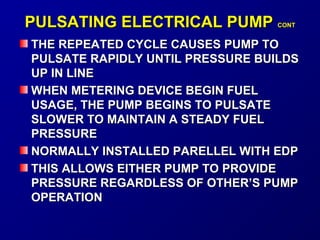 PPUULLSSAATTIINNGG EELLEECCTTRRIICCAALL PPUUMMPP CCOONNTT 
TTHHEE RREEPPEEAATTEEDD CCYYCCLLEE CCAAUUSSEESS PPUUMMPP TTOO 
PPUULLSSAATTEE RRAAPPIIDDLLYY UUNNTTIILL PPRREESSSSUURREE BBUUIILLDDSS 
UUPP IINN LLIINNEE 
WWHHEENN MMEETTEERRIINNGG DDEEVVIICCEE BBEEGGIINN FFUUEELL 
UUSSAAGGEE,, TTHHEE PPUUMMPP BBEEGGIINNSS TTOO PPUULLSSAATTEE 
SSLLOOWWEERR TTOO MMAAIINNTTAAIINN AA SSTTEEAADDYY FFUUEELL 
PPRREESSSSUURREE 
NNOORRMMAALLLLYY IINNSSTTAALLLLEEDD PPAARREELLLLEELL WWIITTHH EEDDPP 
TTHHIISS AALLLLOOWWSS EEIITTHHEERR PPUUMMPP TTOO PPRROOVVIIDDEE 
PPRREESSSSUURREE RREEGGAARRDDLLEESSSS OOFF OOTTHHEERR’’SS PPUUMMPP 
OOPPEERRAATTIIOONN 
 