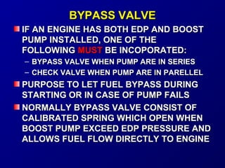 BBYYPPAASSSS VVAALLVVEE 
IIFF AANN EENNGGIINNEE HHAASS BBOOTTHH EEDDPP AANNDD BBOOOOSSTT 
PPUUMMPP IINNSSTTAALLLLEEDD,, OONNEE OOFF TTHHEE 
FFOOLLLLOOWWIINNGG MMUUSSTT BBEE IINNCCOOPPOORRAATTEEDD:: 
– BBYYPPAASSSS VVAALLVVEE WWHHEENN PPUUMMPP AARREE IINN SSEERRIIEESS 
– CCHHEECCKK VVAALLVVEE WWHHEENN PPUUMMPP AARREE IINN PPAARREELLLLEELL 
PPUURRPPOOSSEE TTOO LLEETT FFUUEELL BBYYPPAASSSS DDUURRIINNGG 
SSTTAARRTTIINNGG OORR IINN CCAASSEE OOFF PPUUMMPP FFAAIILLSS 
NNOORRMMAALLLLYY BBYYPPAASSSS VVAALLVVEE CCOONNSSIISSTT OOFF 
CCAALLIIBBRRAATTEEDD SSPPRRIINNGG WWHHIICCHH OOPPEENN WWHHEENN 
BBOOOOSSTT PPUUMMPP EEXXCCEEEEDD EEDDPP PPRREESSSSUURREE AANNDD 
AALLLLOOWWSS FFUUEELL FFLLOOWW DDIIRREECCTTLLYY TTOO EENNGGIINNEE 
 