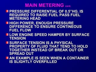 MMAAIINN MMEETTEERRIINNGG ccoonntt.. 
PRESSURE DIFFERENTIAL OOFF 00..55””HHGG.. IISS 
RREEQQUUIIRREEDD TTOO RRAAIISSEE FFUUEELL PPAASSSS FFUUEELL 
MMEETTEERRIINNGG HHEEAADD 
HHIIGGHH PPOOWWEERR,, EENNOOUUGGHH PPRREESSSSUURREE 
DDIIFFFFEERREENNCCEE TTOO EENNSSUURREE CCOONNTTIINNEEOOUUSS 
FFUUEELL FFLLOOWW 
LLOOWW EENNGGIINNEE SSPPEEEEDD HHAAMMPPEERR BBYY SSUURRFFAACCEE 
TTEENNSSIIOONN 
SSUURRFFAACCEE TTEENNSSIIOONN IISS AA PPHHYYSSIICCAALL 
PPRROOPPEERRTTYY OOFF FFLLUUIIDD TTHHAATT TTEENNDD TTOO HHOOLLDD 
TTOOGGEETTHHEERR IINNSSTTEEAADD OOFF BBRREEAAKK OOUUTT OORR 
SSPPRREEAADD OOUUTT 
AANN EEXXAAMMPPLLEE IISS SSEEEENN WWHHEENN AA CCOONNTTAAIINNEERR 
IISS SSLLIIGGHHTTLLYY OOVVEERRFFIILLLLEEDD 
 