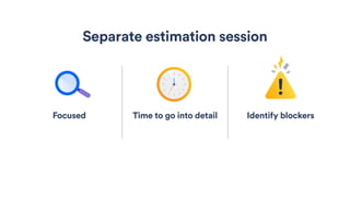Time to go into detail
Separate estimation session
Identify blockersFocused
 