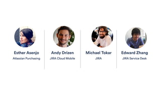 Esther Asenjo
Atlassian Purchasing
Andy Drizen
JIRA Cloud Mobile
Michael Tokar
JIRA
Edward Zhang
JIRA Service Desk
 
