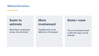 Some > none
The art of estimation itself
is often the value, not the
estimate.
More
involvement
Tangible cards on the
table is fun. No laptops!
Easier to
estimate
Much faster comparing 2
stories, than all stories!
Relative Estimations
 