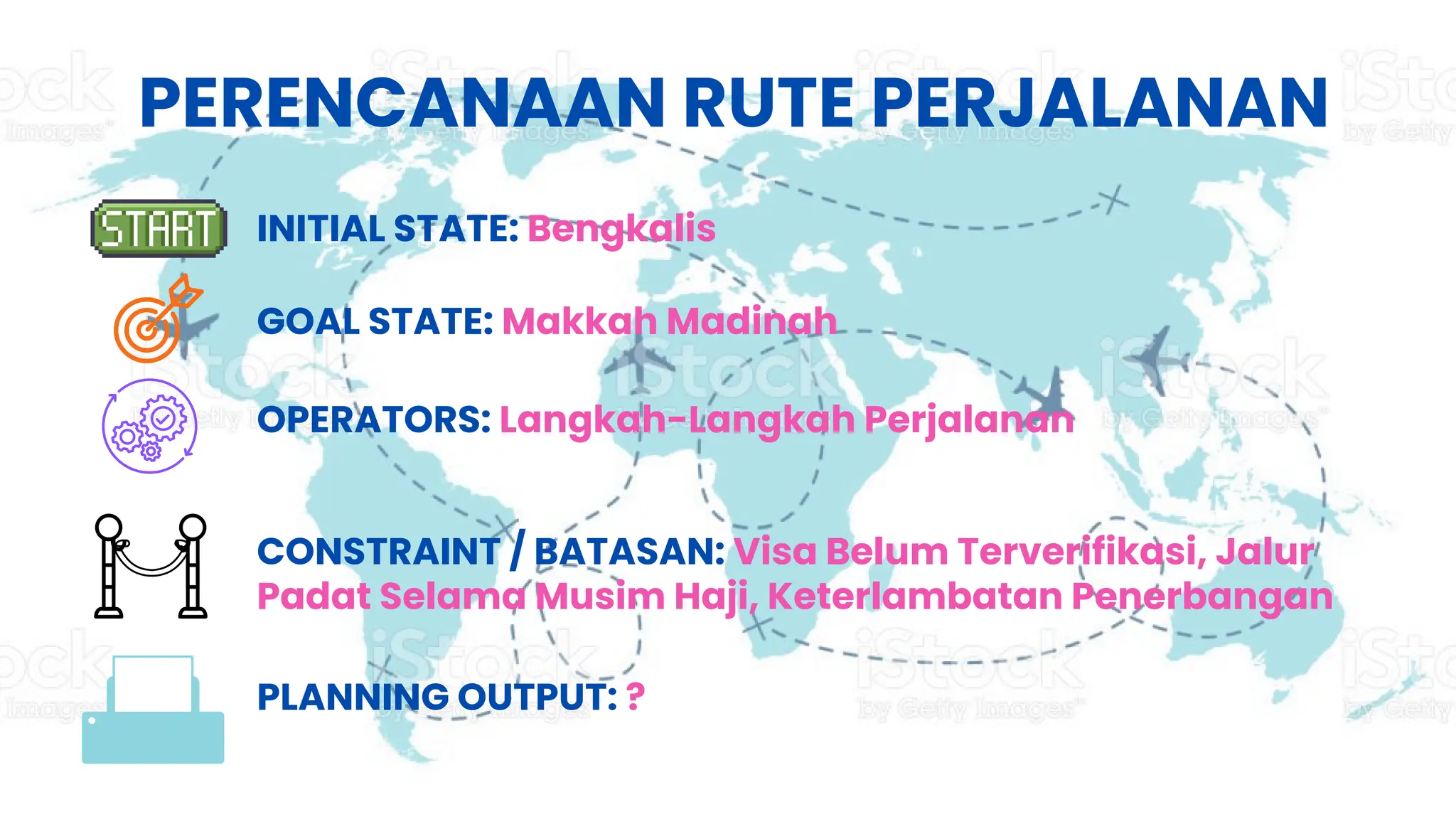 PERENCANAAN RUTE PERJALANAN
INITIAL STATE: Bengkalis
GOAL STATE: Makkah Madinah
OPERATORS: Langkah-Langkah Perjalanan
CONSTRAINT / BATASAN: Visa Belum Terverifikasi, Jalur
Padat Selama Musim Haji, Keterlambatan Penerbangan
PLANNING OUTPUT: ?
 