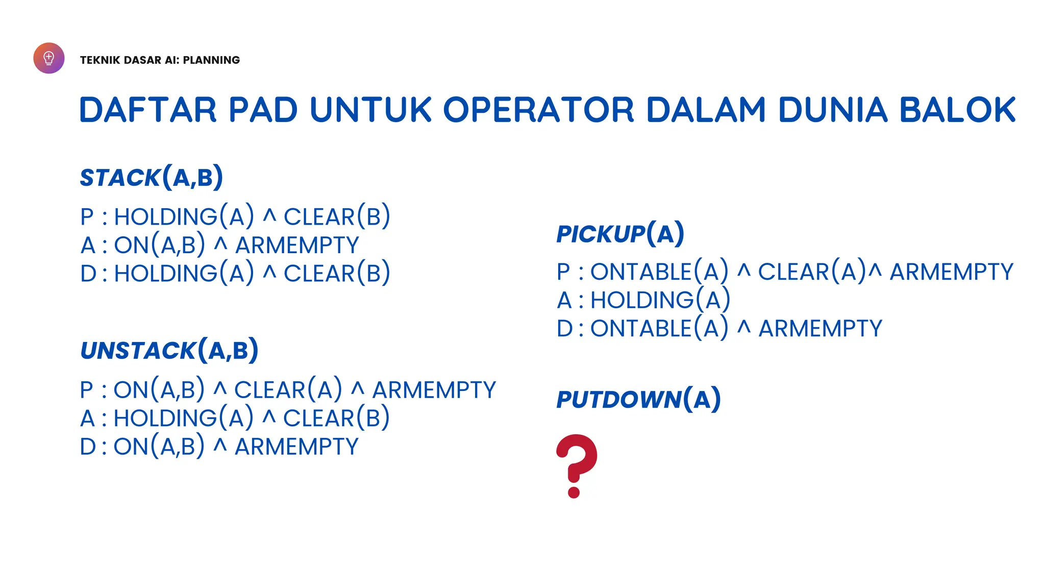 TEKNIK DASAR AI: PLANNING
DAFTAR PAD UNTUK OPERATOR DALAM DUNIA BALOK
STACK(A,B)
P
A
D
: HOLDING(A) ^ CLEAR(B)
: ON(A,B) ^ ARMEMPTY
: HOLDING(A) ^ CLEAR(B)
UNSTACK(A,B)
PICKUP(A)
PUTDOWN(A)
P
A
D
: ON(A,B) ^ CLEAR(A) ^ ARMEMPTY
: HOLDING(A) ^ CLEAR(B)
: ON(A,B) ^ ARMEMPTY
P
A
D
: ONTABLE(A) ^ CLEAR(A)^ ARMEMPTY
: HOLDING(A)
: ONTABLE(A) ^ ARMEMPTY
 